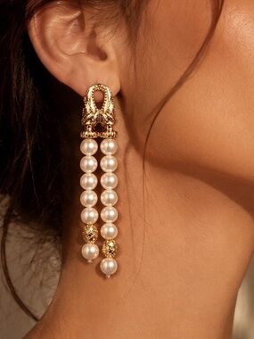 Retro Pearl Statement Earrings – Vintage Style 18K GP Drop Evening Earrings